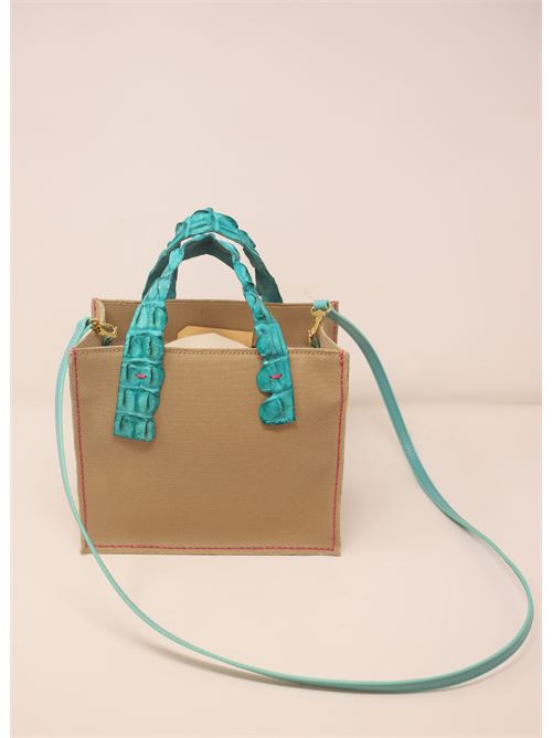 Canvas bag with turquoise crocodile handles Laboratorio Capri | GRETABABYCAMELTURCH
